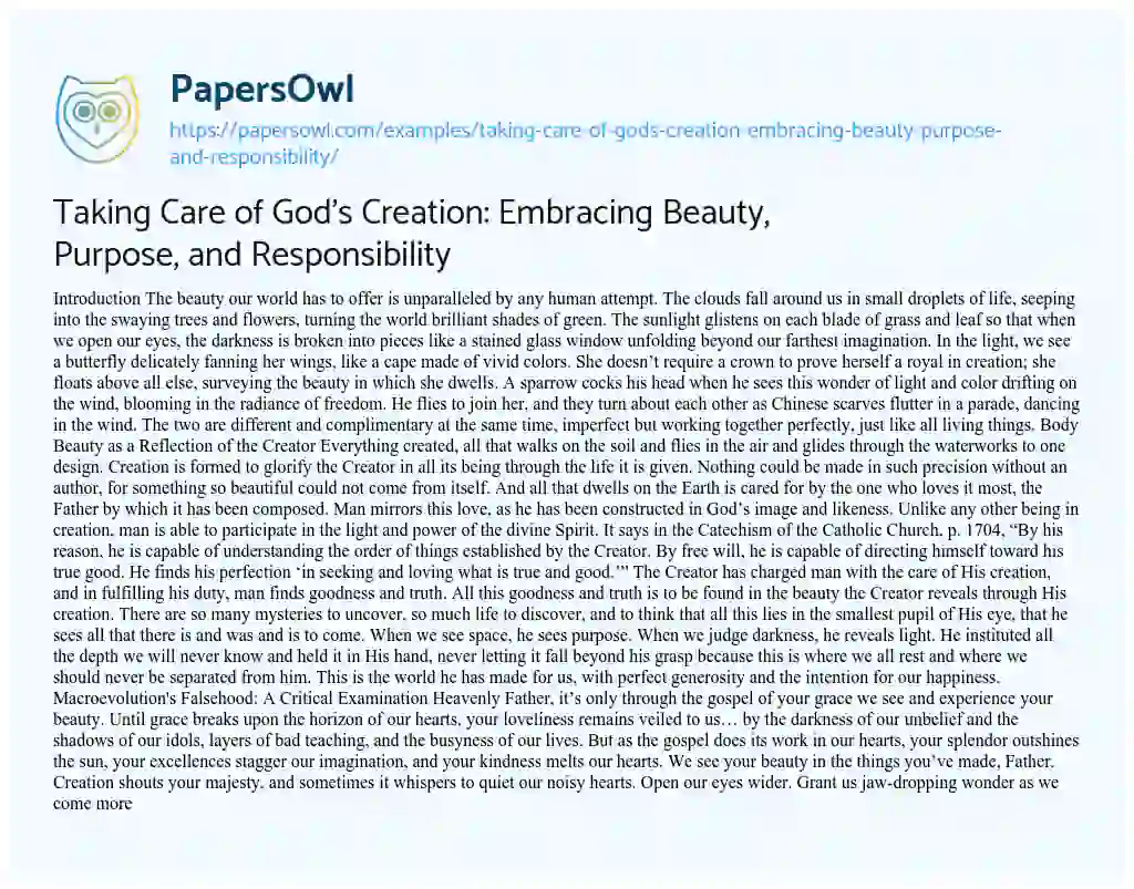 Essay on Taking Care of God’s Creation: Embracing Beauty, Purpose, and Responsibility