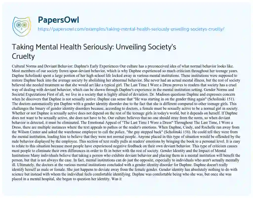 Essay on Taking Mental Health Seriously: Unveiling Society’s Cruelty