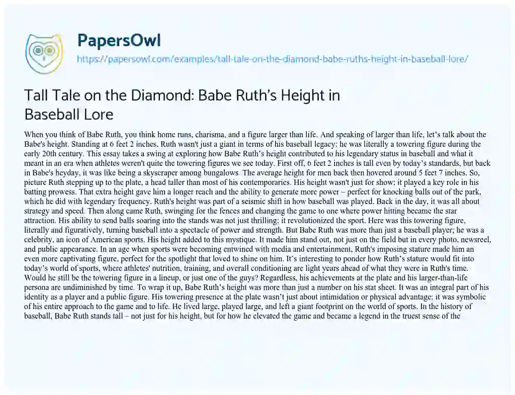 Essay on Tall Tale on the Diamond: Babe Ruth’s Height in Baseball Lore