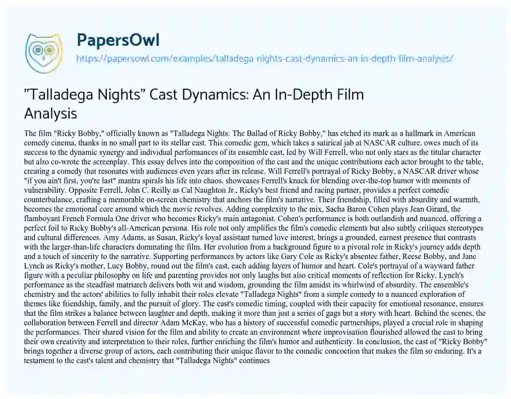 Essay on “Talladega Nights” Cast Dynamics: an In-Depth Film Analysis