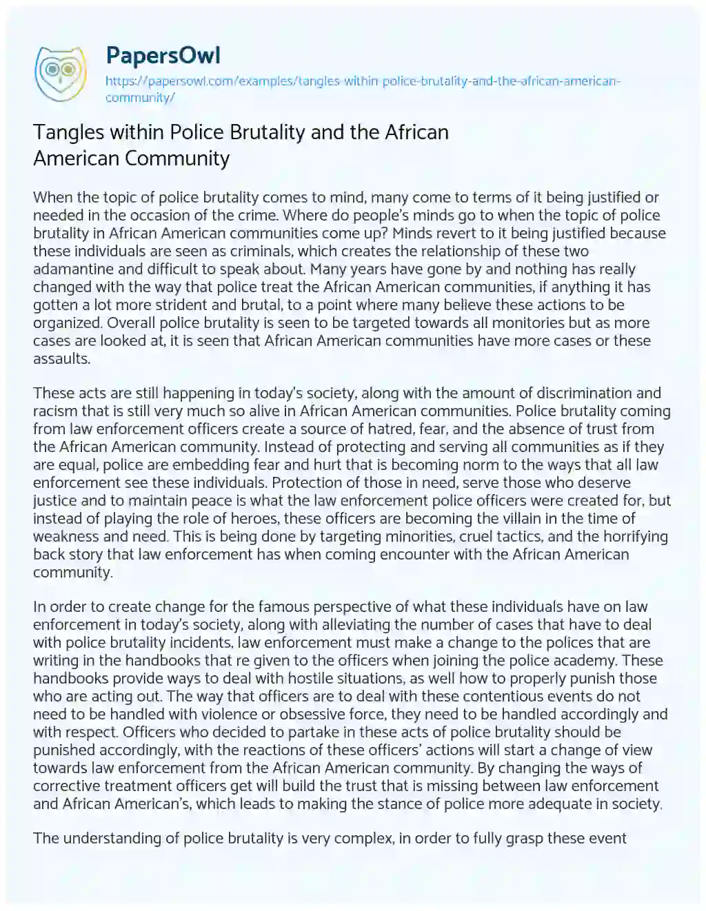 Essay on Tangles Within Police Brutality and the African American Community