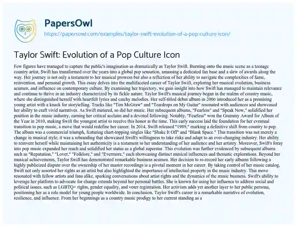 Essay on Taylor Swift: Evolution of a Pop Culture Icon