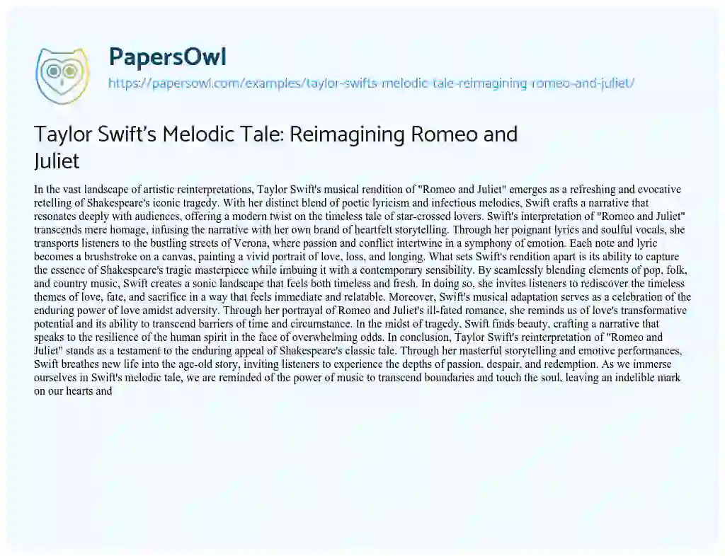 Essay on Taylor Swift’s Melodic Tale: Reimagining Romeo and Juliet