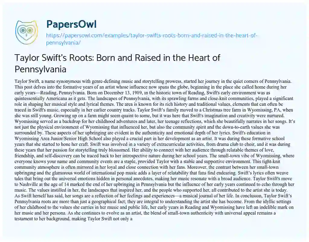 Essay on Taylor Swift’s Roots: Born and Raised in the Heart of Pennsylvania
