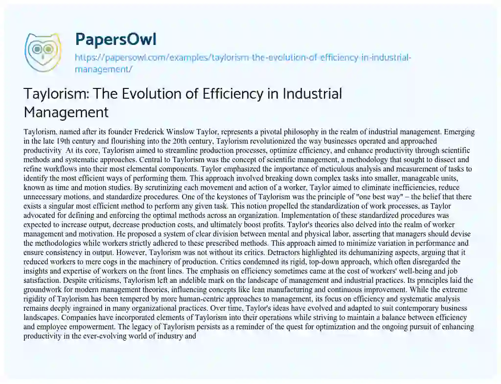 Essay on Taylorism: the Evolution of Efficiency in Industrial Management