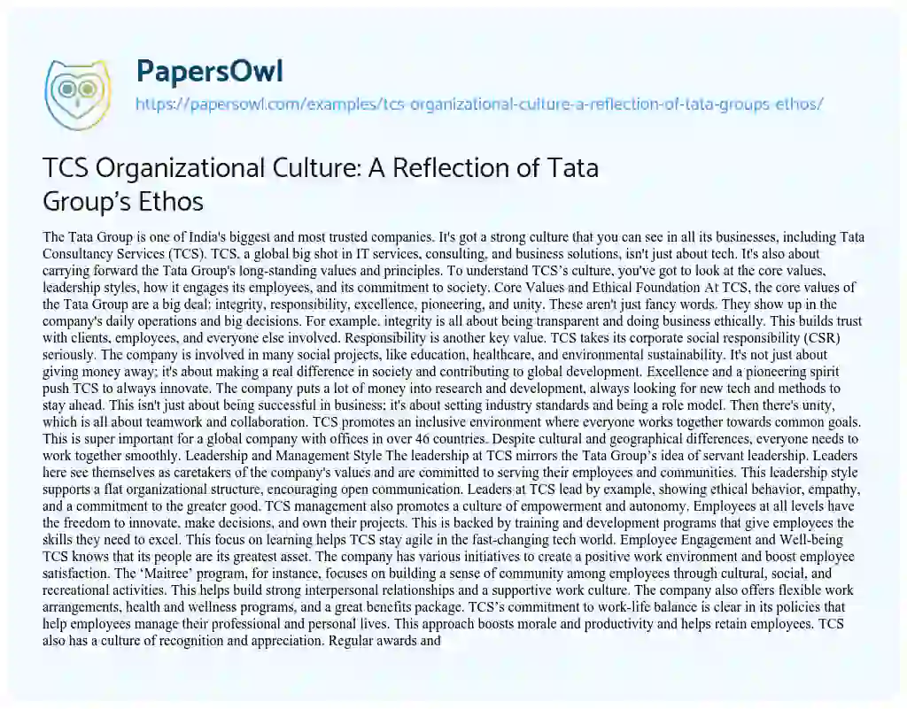 Essay on TCS Organizational Culture: A Reflection of Tata Group’s Ethos