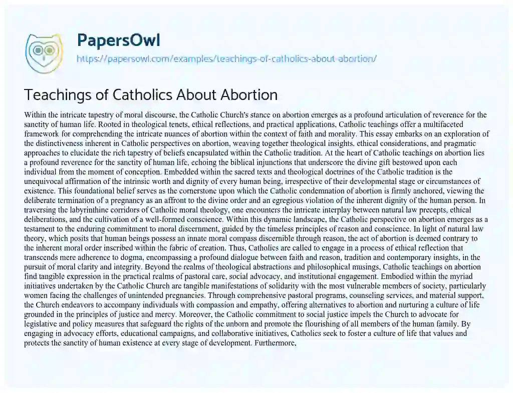 Essay on Teachings of Catholics about Abortion