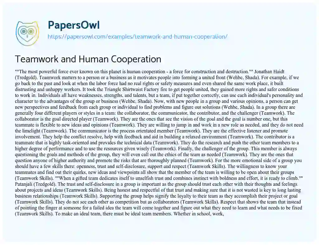 Essay on Teamwork and Human Cooperation
