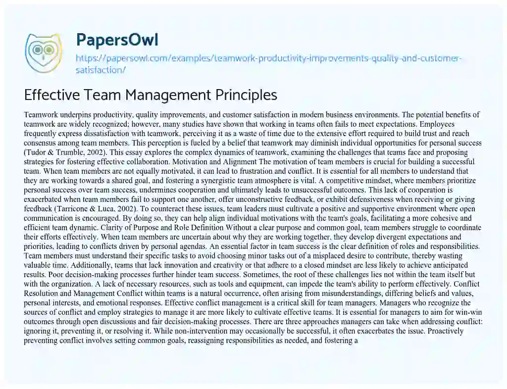 Essay on Teamwork – Productivity Improvements, Quality, and Customer Satisfaction