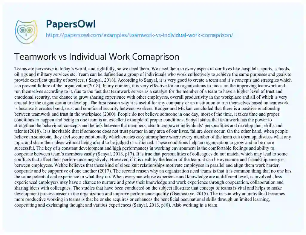 Essay on Teamwork Vs Individual Work Comaprison