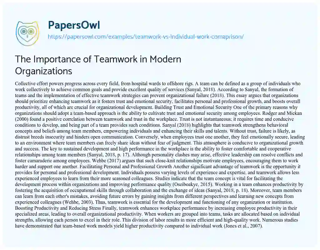 Essay on Teamwork Vs Individual Work Comaprison