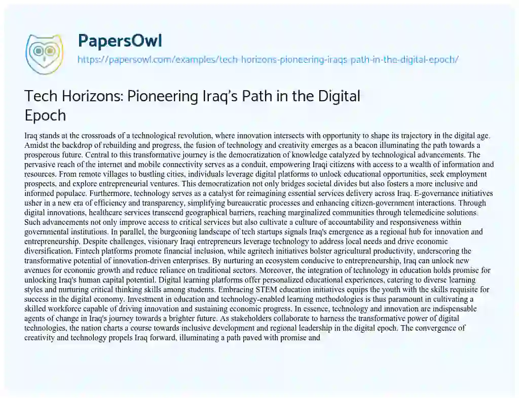 Essay on Tech Horizons: Pioneering Iraq’s Path in the Digital Epoch