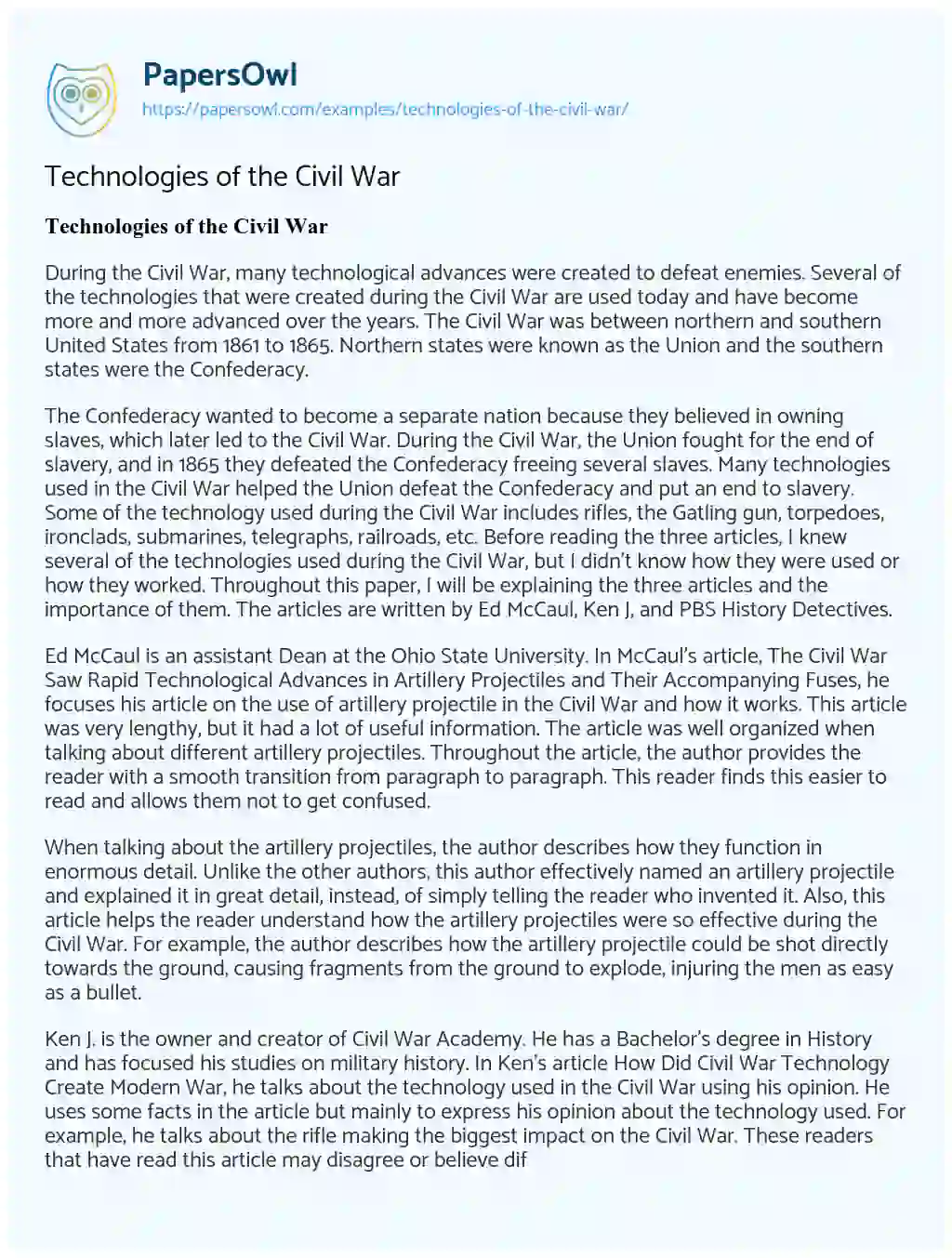 Technologies of the Civil War essay