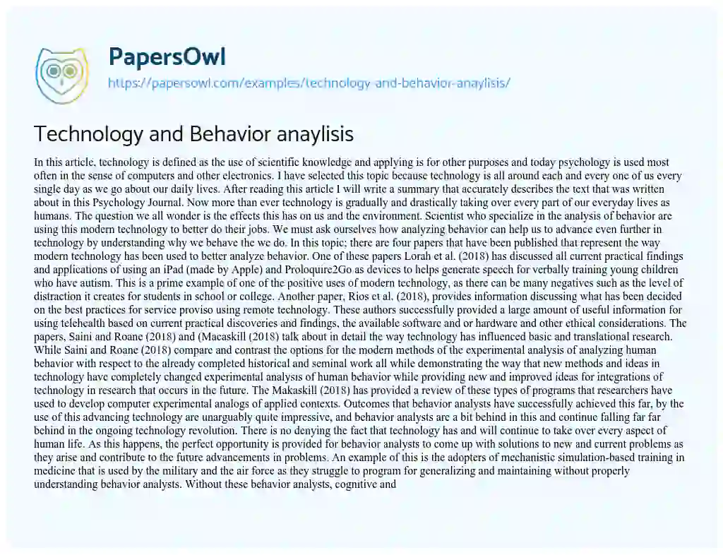 Essay on Technology and Behavior Anaylisis