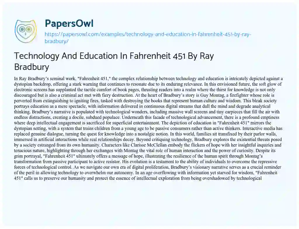 Essay on Technology and Education in Fahrenheit 451 by Ray Bradbury