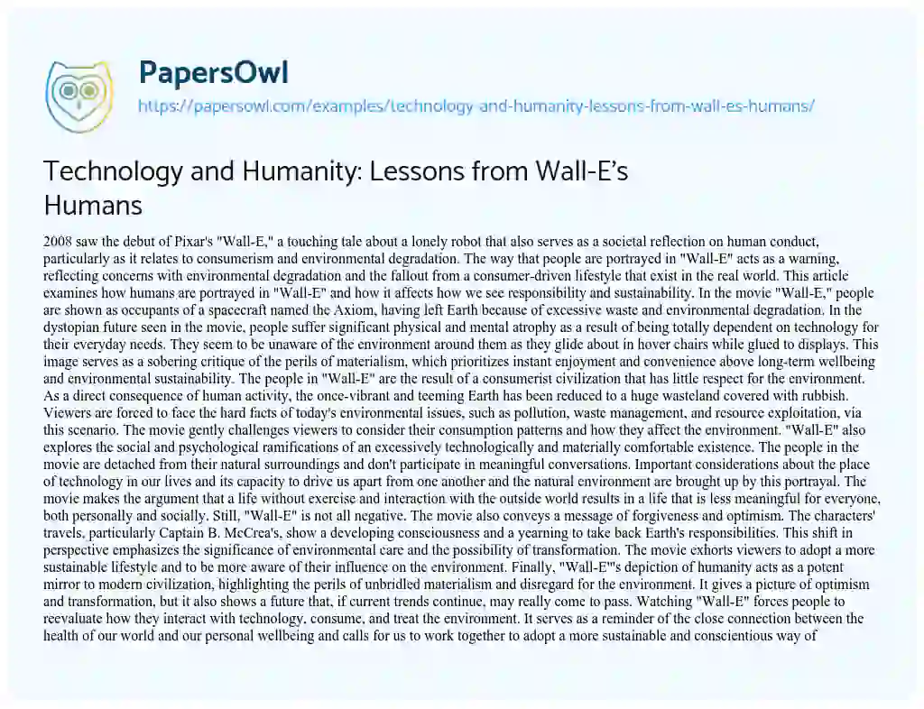 Essay on Technology and Humanity: Lessons from Wall-E’s Humans