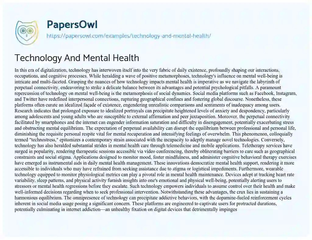 Essay on Technology and Mental Health