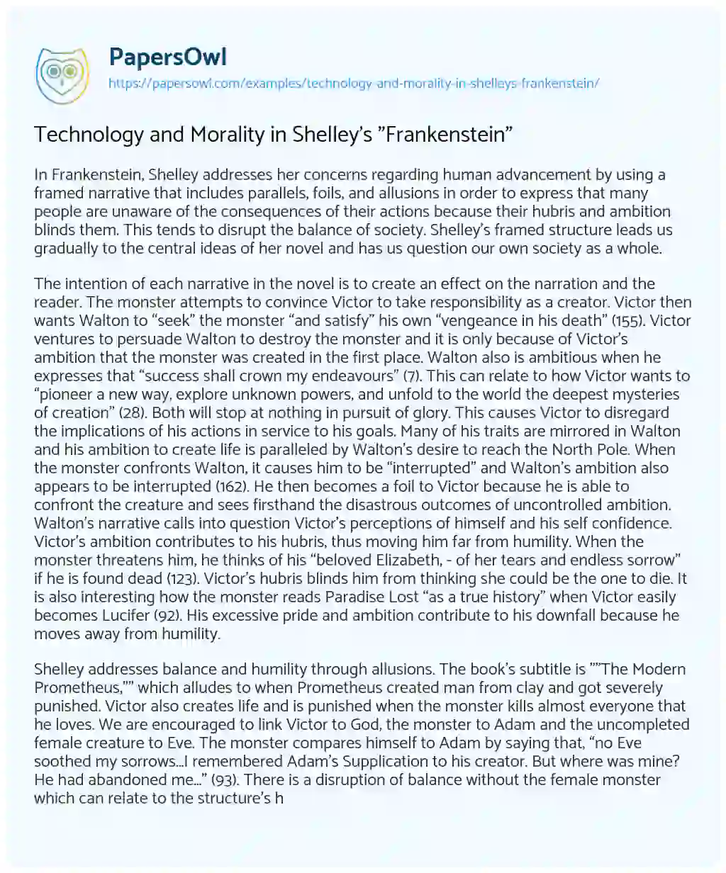 Essay on Technology and Morality in Shelley’s “Frankenstein”