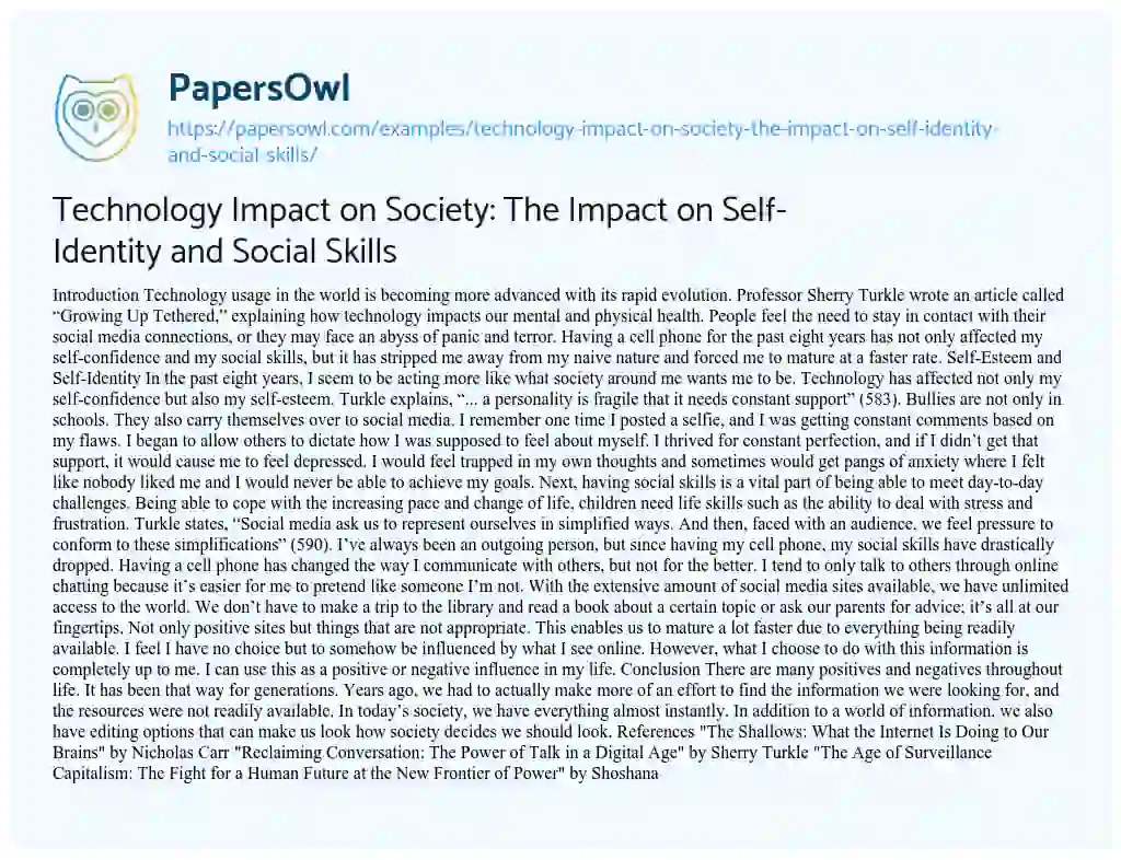 Essay on Technology Impact on Society: the Impact on Self-Identity and Social Skills