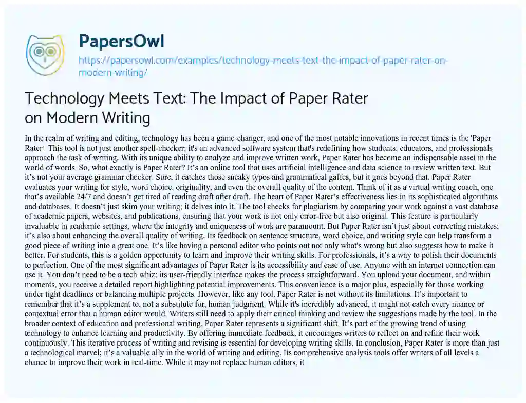 Essay on Technology Meets Text: the Impact of Paper Rater on Modern Writing