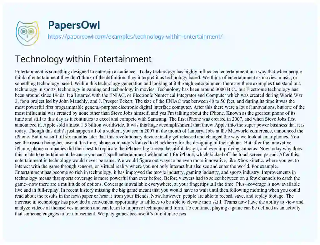 Essay on Technology Within Entertainment