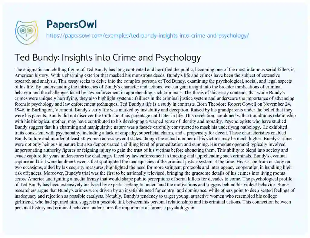 Essay on Ted Bundy: Insights into Crime and Psychology