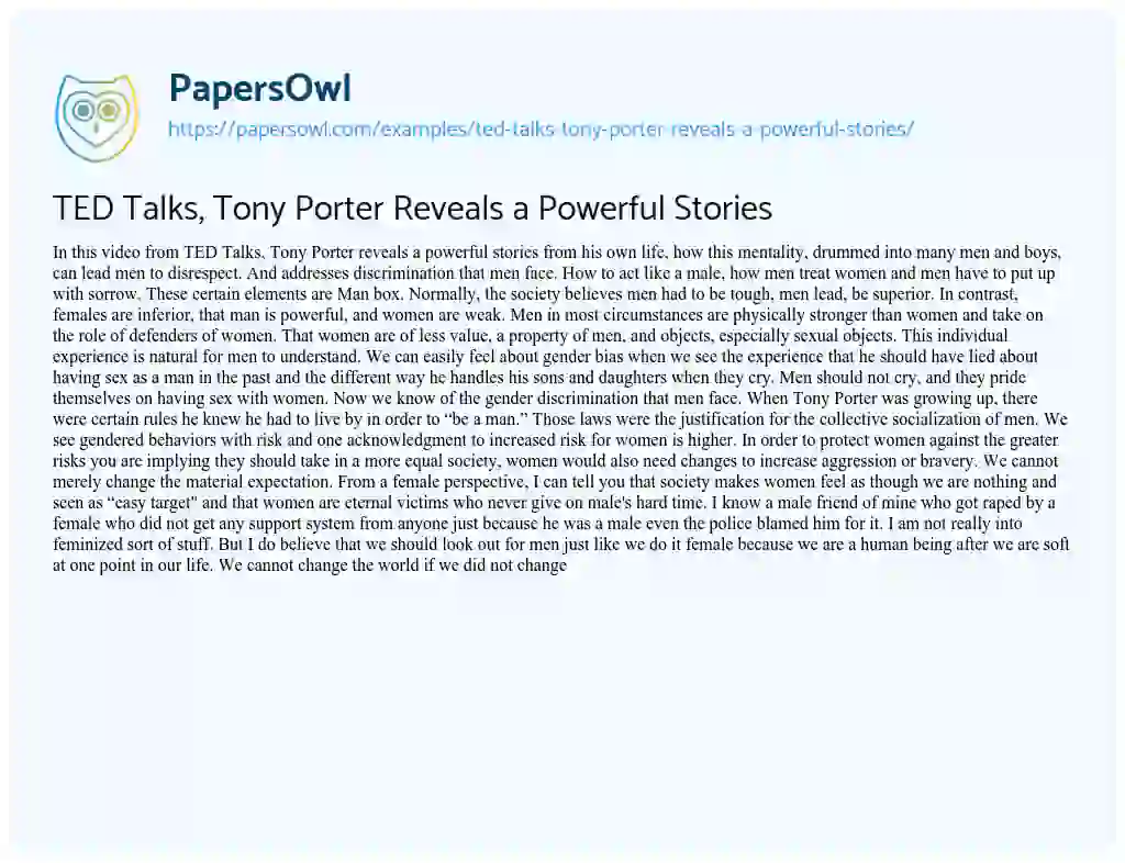 TED Talks, Tony Porter Reveals a Powerful Stories essay