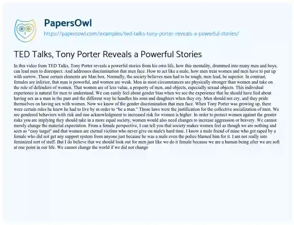 Essay on TED Talks, Tony Porter Reveals a Powerful Stories