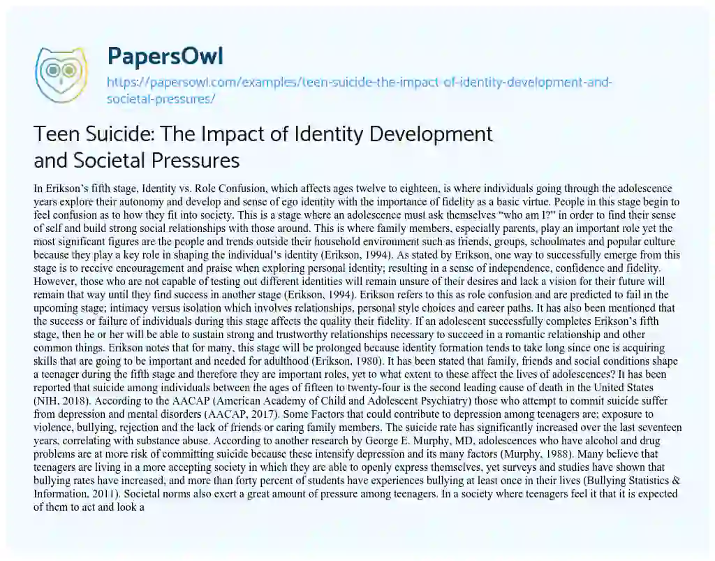 Essay on Teen Suicide: the Impact of Identity Development and Societal Pressures