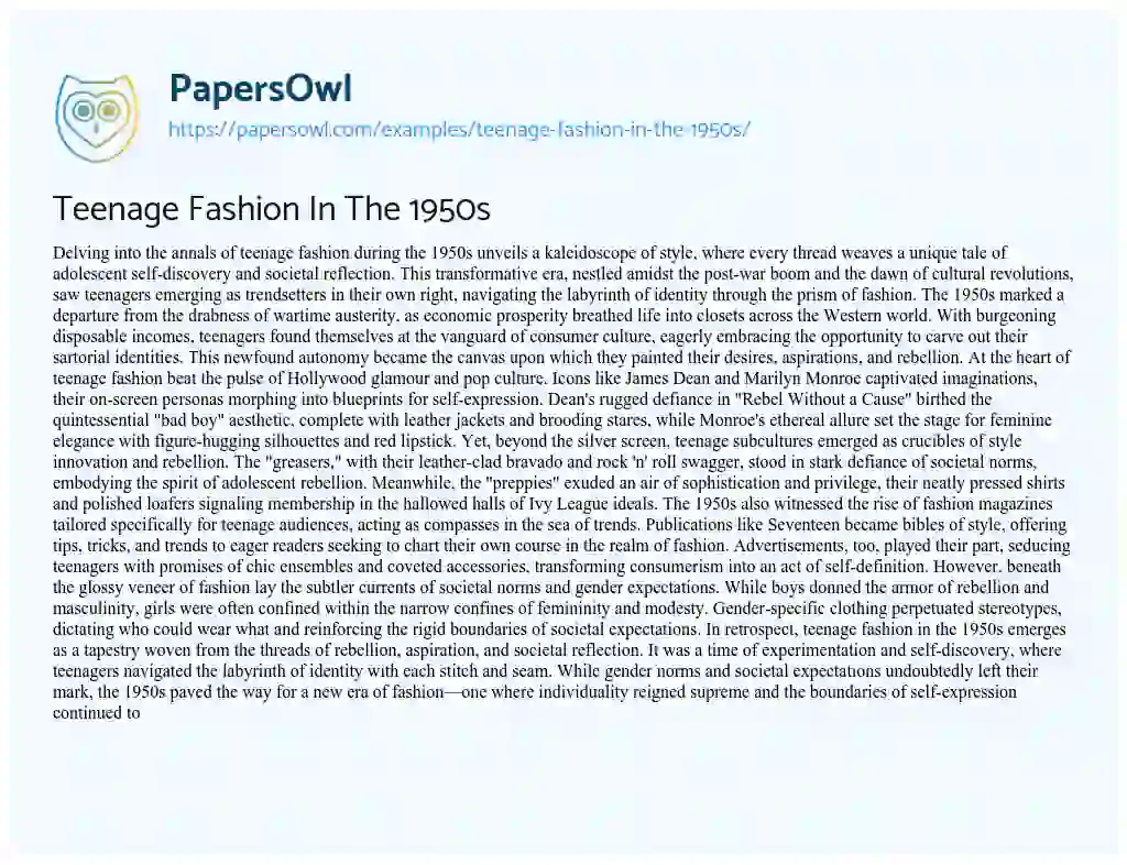 Essay on Teenage Fashion in the 1950s