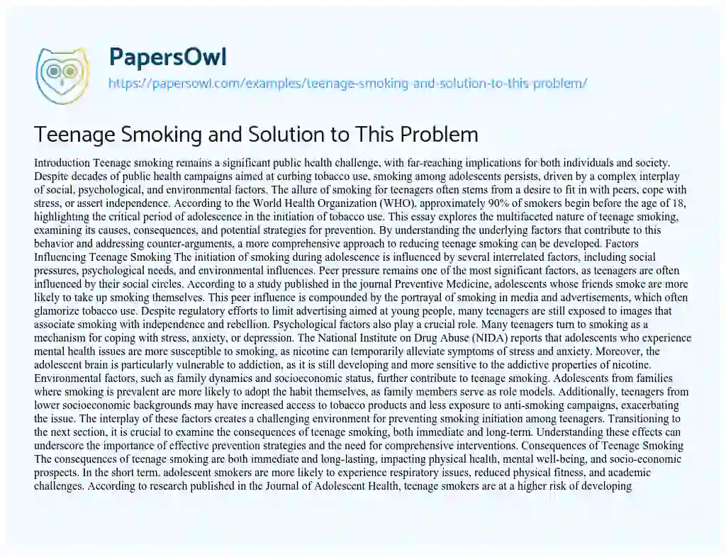 Essay on Teenage Smoking and Solution to This Problem