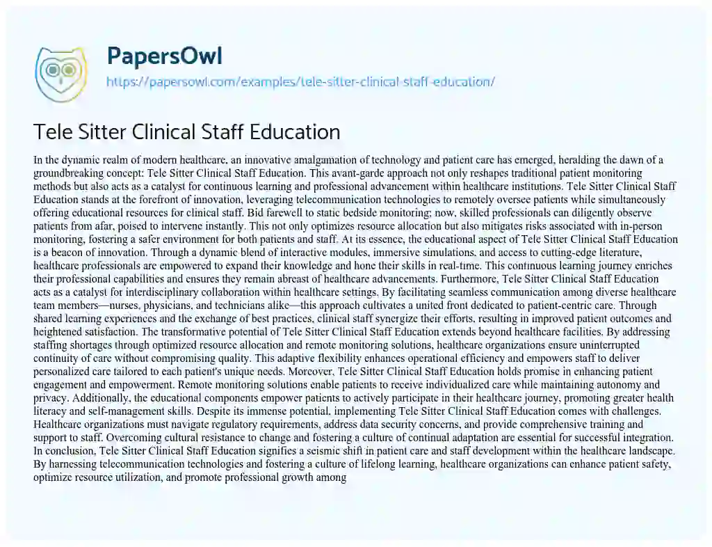 Essay on Tele Sitter Clinical Staff Education