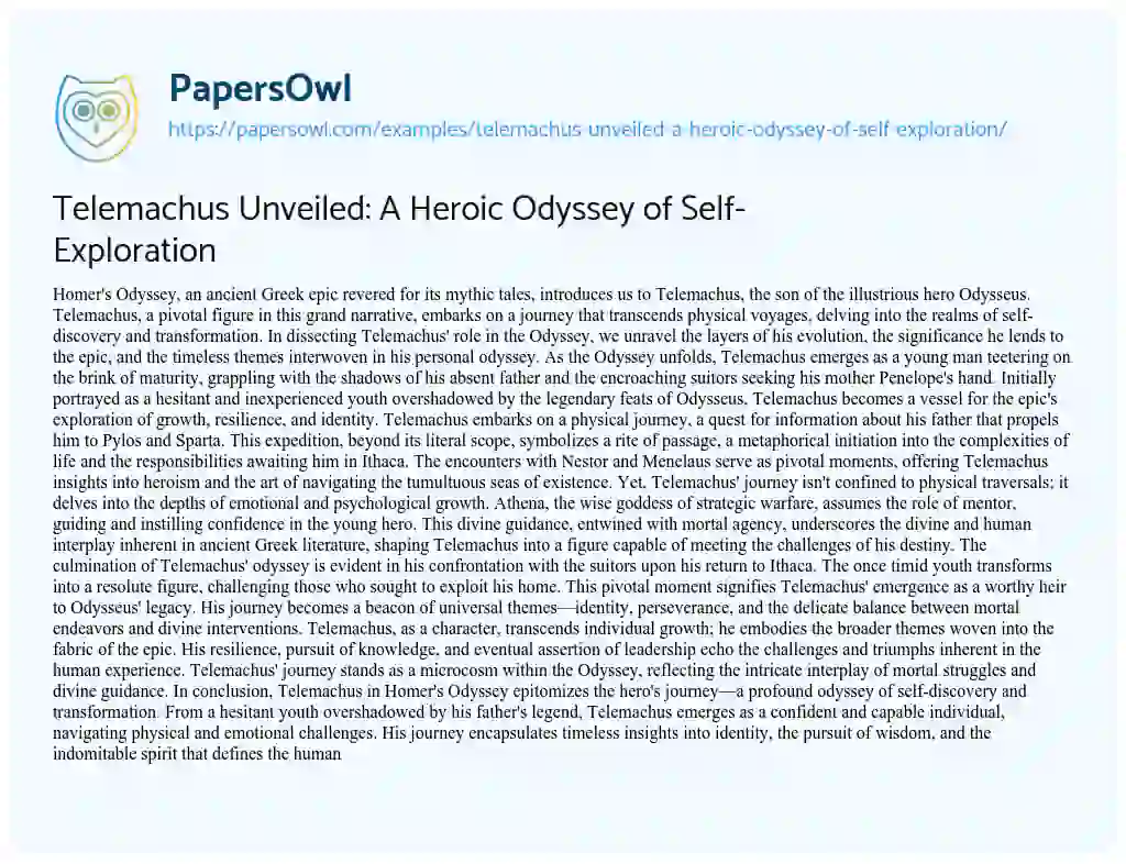 Essay on Telemachus Unveiled: a Heroic Odyssey of Self-Exploration