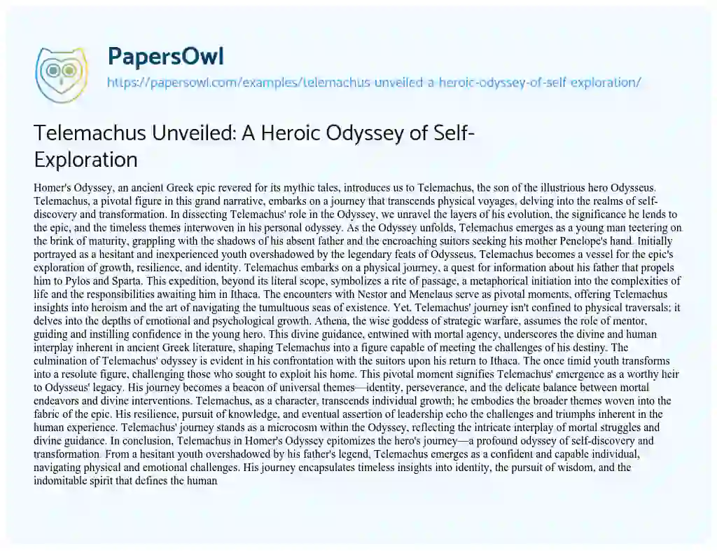 Telemachus Unveiled: A Heroic Odyssey of Self-Exploration - Free Essay ...