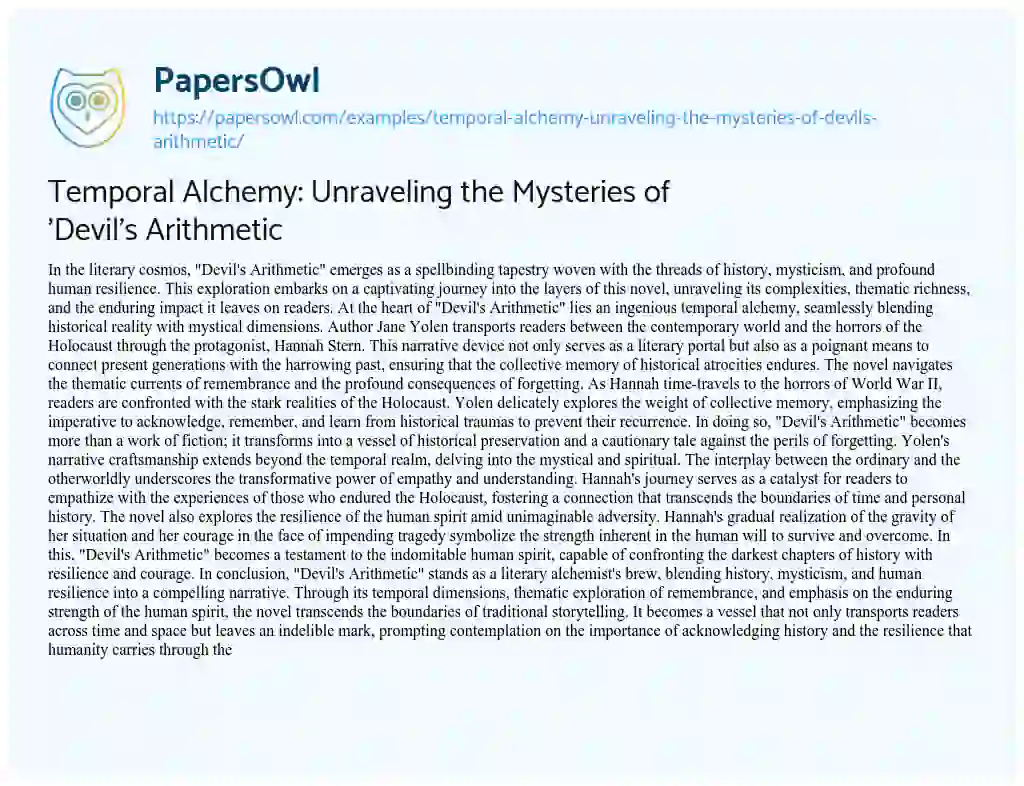 Essay on Temporal Alchemy: Unraveling the Mysteries of ‘Devil’s Arithmetic
