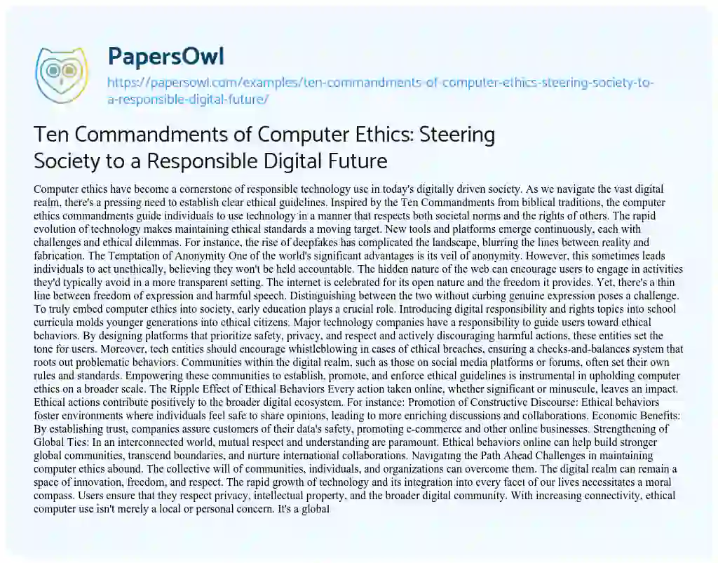 Essay on Ten Commandments of Computer Ethics: Steering Society to a Responsible Digital Future