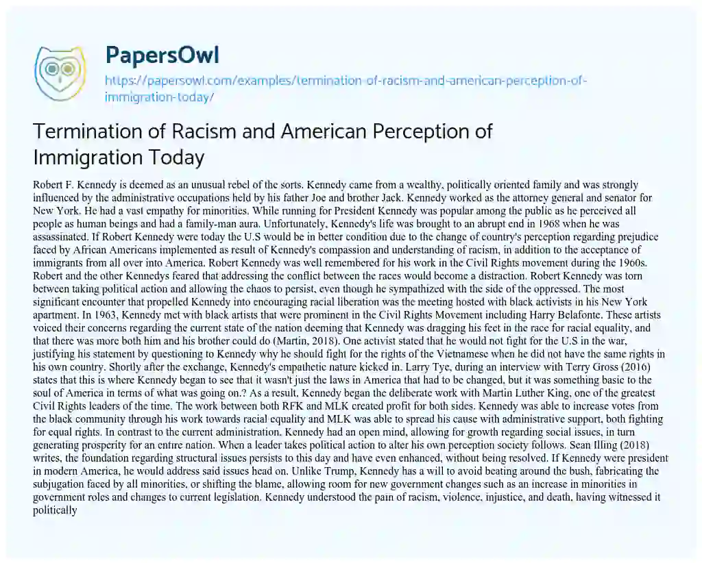 Essay on Termination of Racism and American Perception of Immigration Today