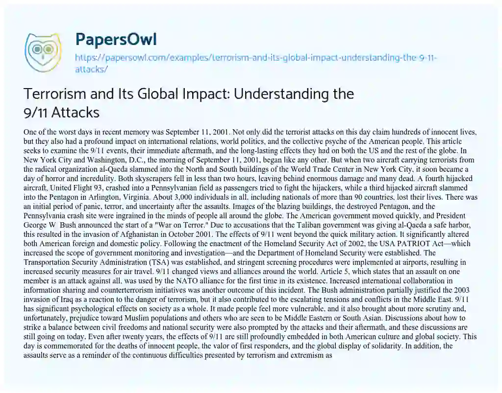 Essay on Terrorism and its Global Impact: Understanding the 9/11 Attacks