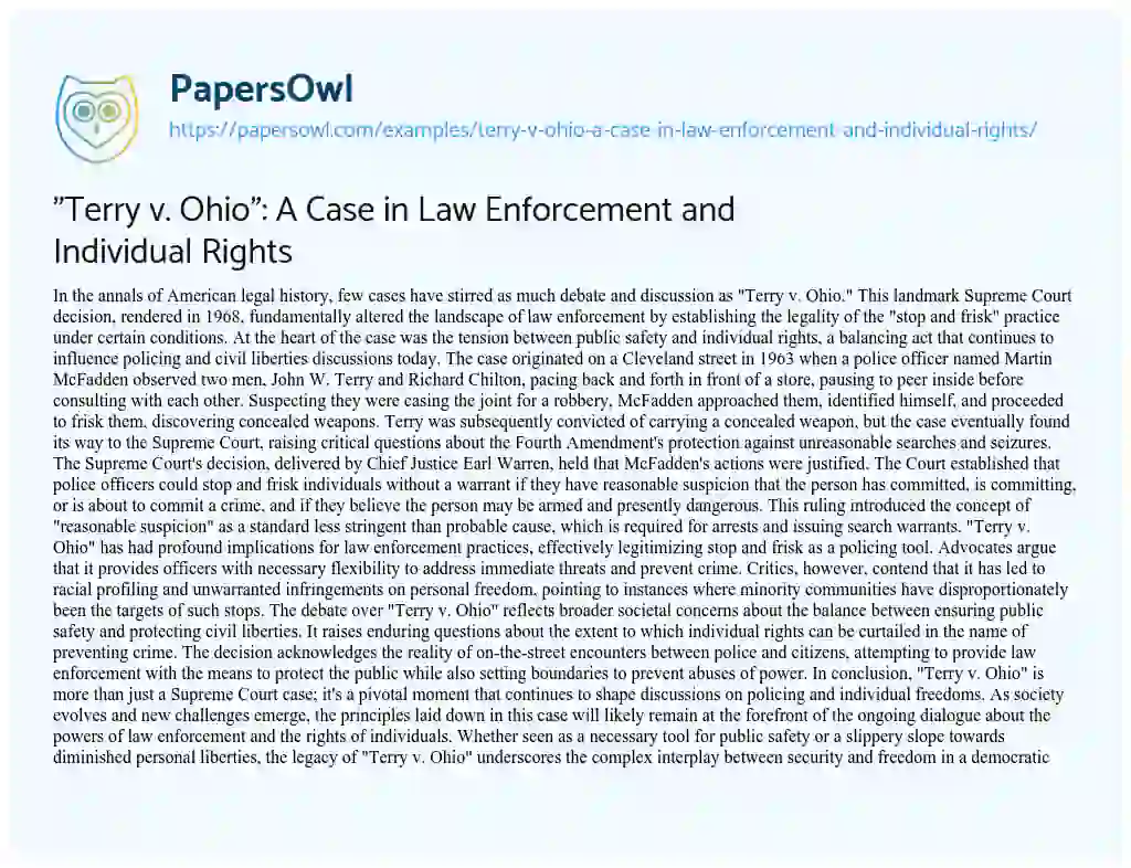Essay on “Terry V. Ohio”: a Case in Law Enforcement and Individual Rights