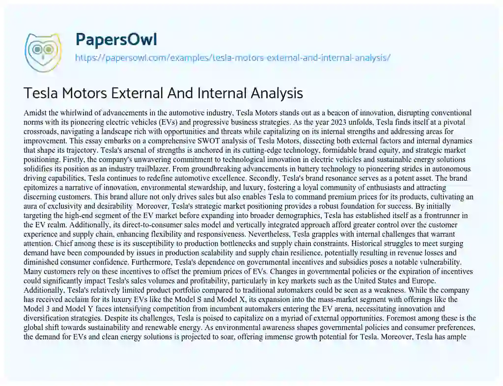 Essay on Tesla Motors External and Internal Analysis