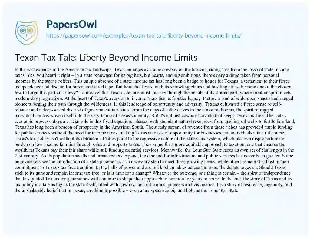 Essay on Texan Tax Tale: Liberty Beyond Income Limits
