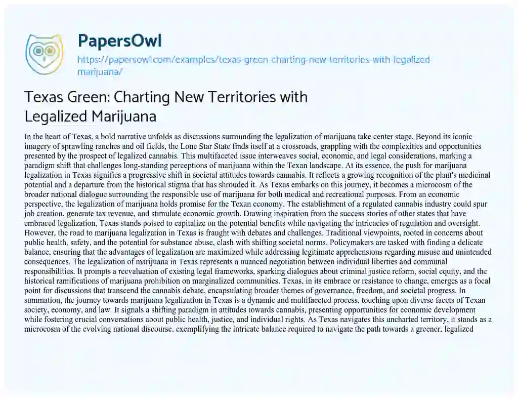 Essay on Texas Green: Charting New Territories with Legalized Marijuana
