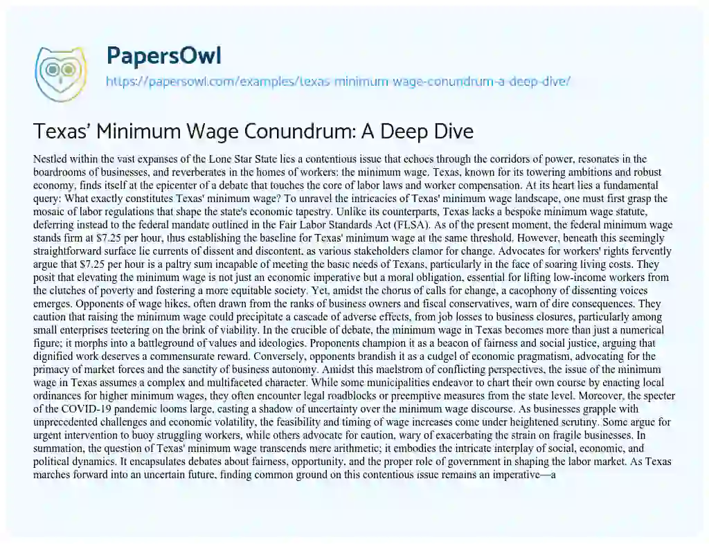Essay on Texas’ Minimum Wage Conundrum: a Deep Dive