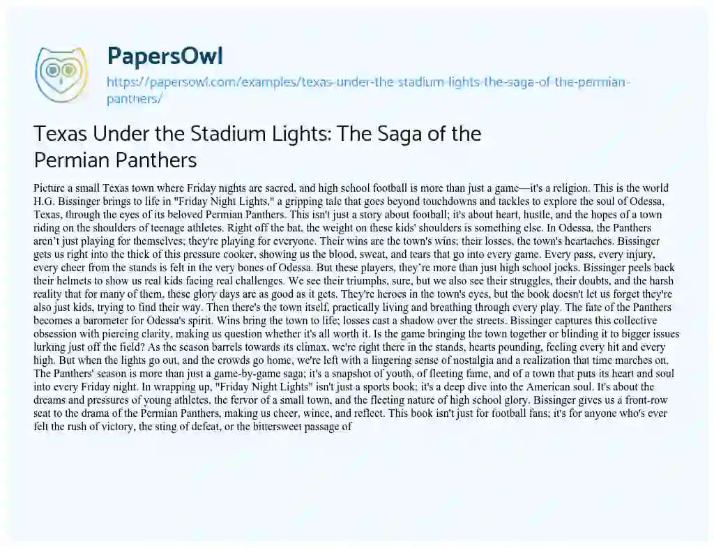 Essay on Texas under the Stadium Lights: the Saga of the Permian Panthers