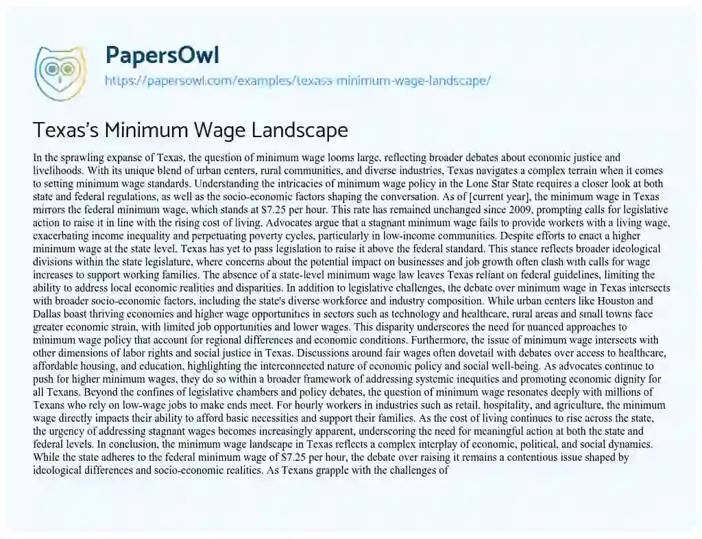 Essay on Texas’s Minimum Wage Landscape