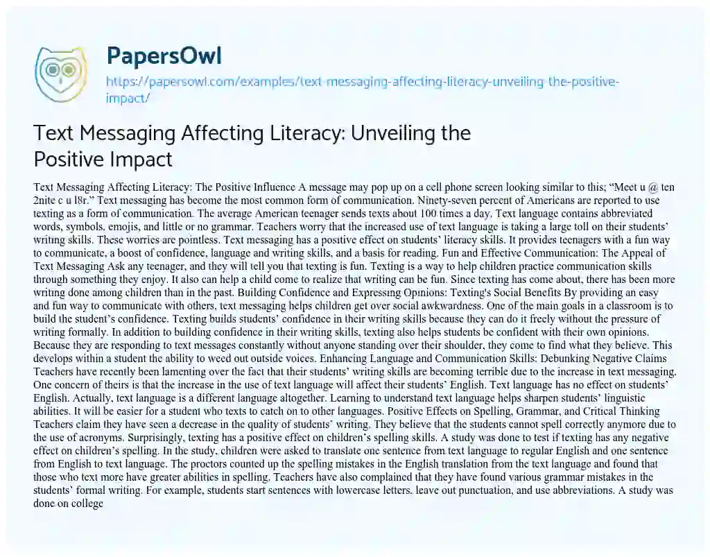 Essay on Text Messaging Affecting Literacy: Unveiling the Positive Impact