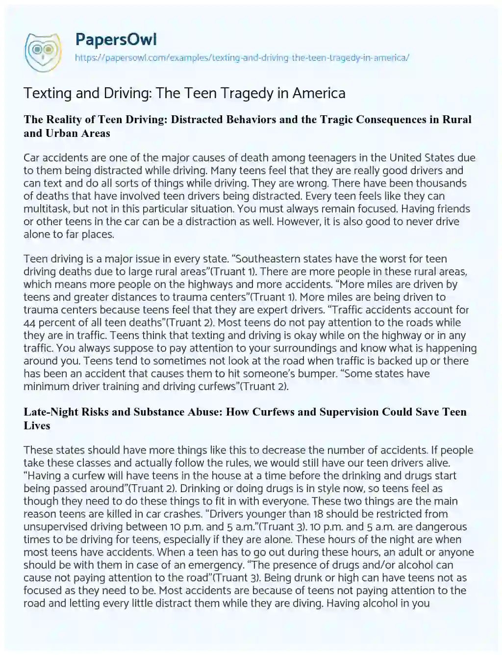 Essay on Texting and Driving: the Teen Tragedy in America