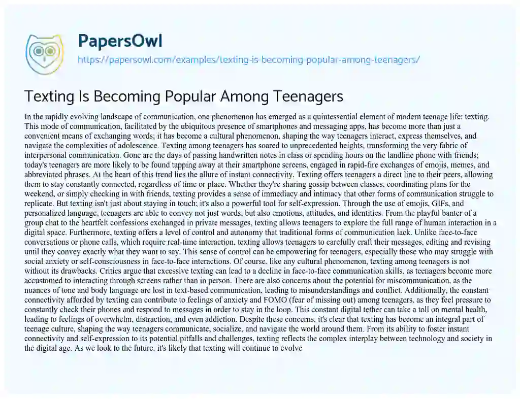 Essay on Texting is Becoming Popular Among Teenagers