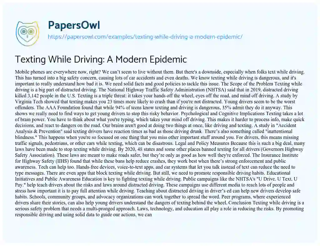 Essay on Texting while Driving: a Modern Epidemic