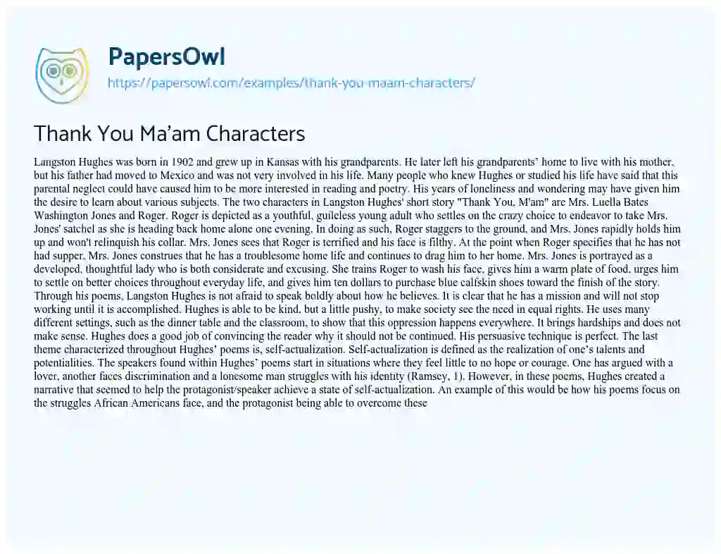 Essay on Thank you Ma’am Characters